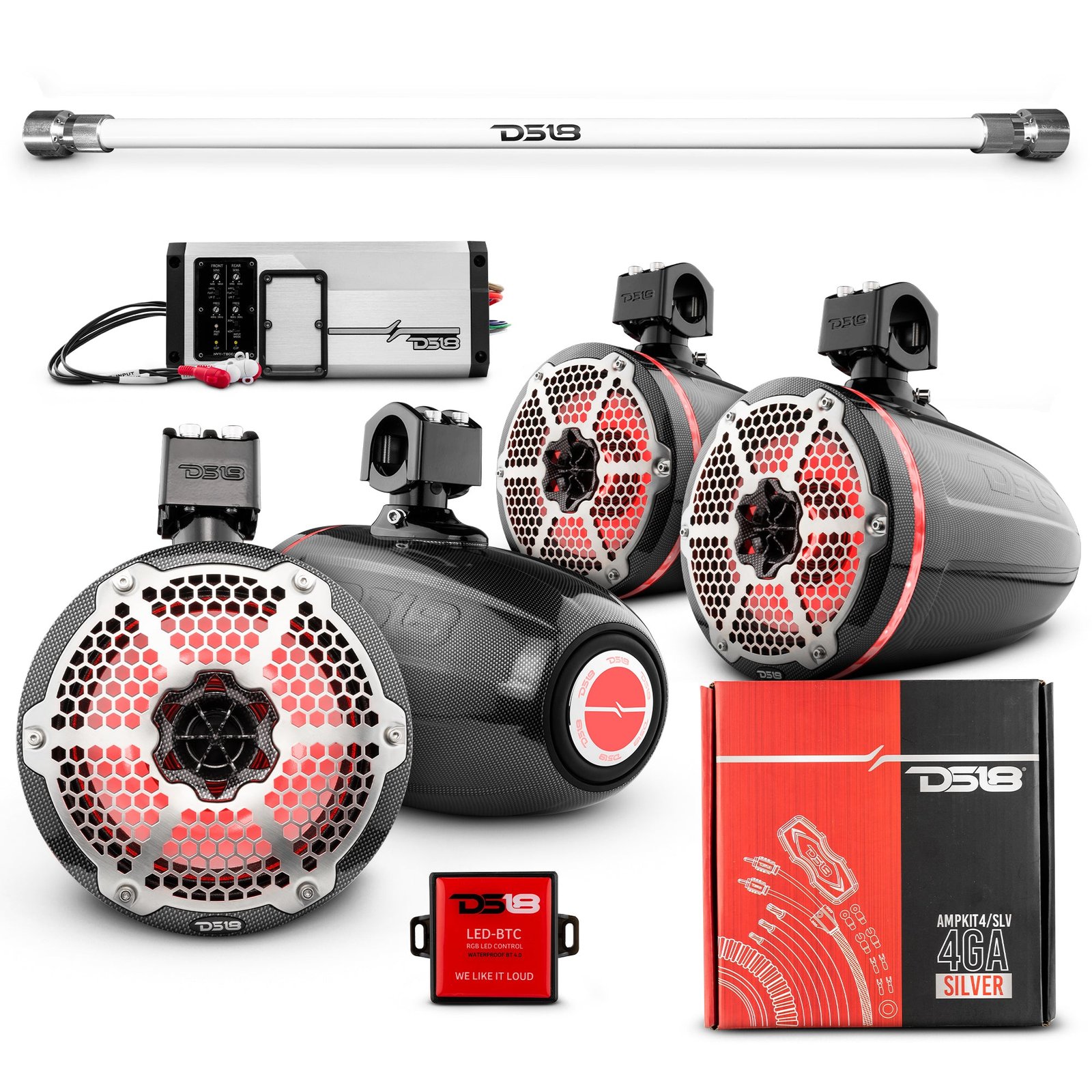 PU-TUBE 4x 8" Marine Towers Speakers with RGB LED Lights, 4-Channel Marine Amplifier and AMPKIT for Pick Up & Trucks - Image 7