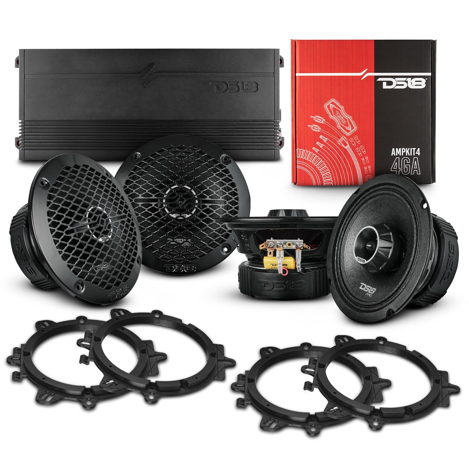 Pro Audio Bundle: 6.5" Midrange Coaxial Speakers with OEM Speaker Adapters, Amplifier, and Wiring Kit