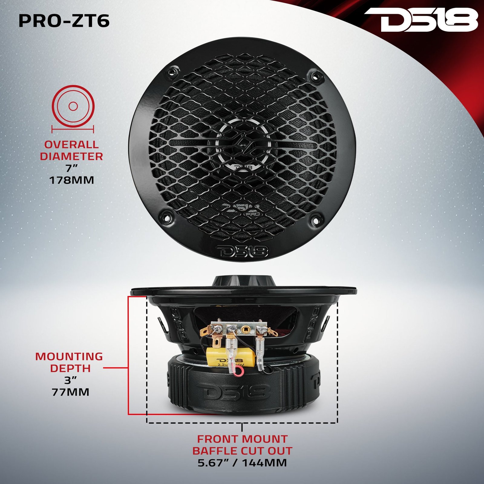 PRO-ZT 6.5" Coaxial Mid-Range Loudspeaker with Water-Resistant Cone Built-in Bullet Tweeter and Grill | 225W RMS 4-Ohm - Image 11