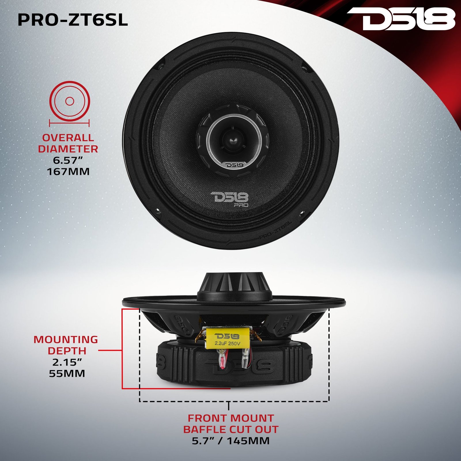 PRO-ZT 6.5” Slim Coaxial Mid-Range Loudspeaker with Water-Resistant Cone Built-in Bullet Tweeter | 200W RMS 4-Ohm - Image 7